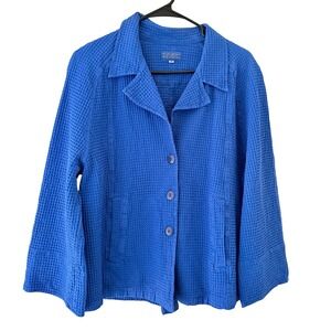 Waffle Knit Button Front Jacket Blue Textured Layering Top